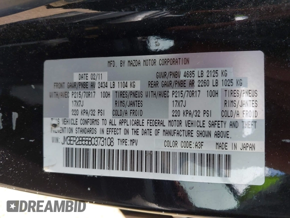 2011 Mazda CX-7 i Sport with VIN JM3ER2B55B0373108, listed as a IAAI auction lot 42022575 with 129,562 mi miles and . Bid and sale history available at DreamBid. Image 9.