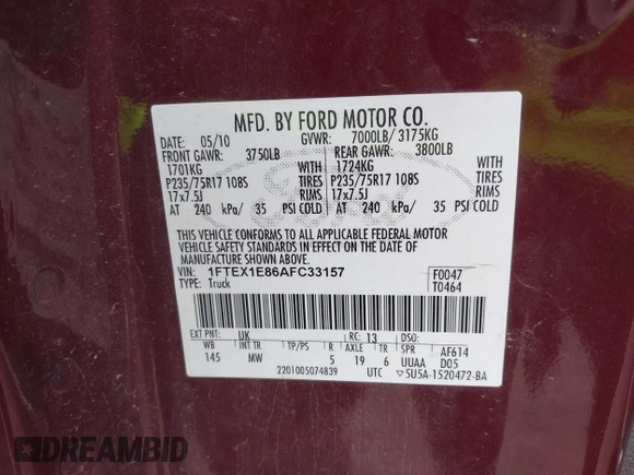 2010 Ford F-150 XL with VIN 1FTEX1E86AFC33157, listed as a IAAI auction lot 42247028 with 177,628 mi miles and . Bid and sale history available at DreamBid. Image 9.