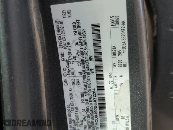 2013 Ford Escape Titanium z VIN 1FMCU9J90DUA72264, wystawiony jako Copart lot #49906445 z przebiegiem 126 527 mil mil oraz Szkoda całkowita • Salvage title. Historia ofert i sprzedaży dostępna na DreamBid. Obrazek 13.