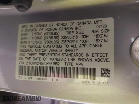 2020 Honda CR-V EX with VIN 2HKRW2H56LH661962, listed as a IAAI auction lot 41913507 with 31,695 mi miles. Bid and sale history available at carsss.com. Image 9.