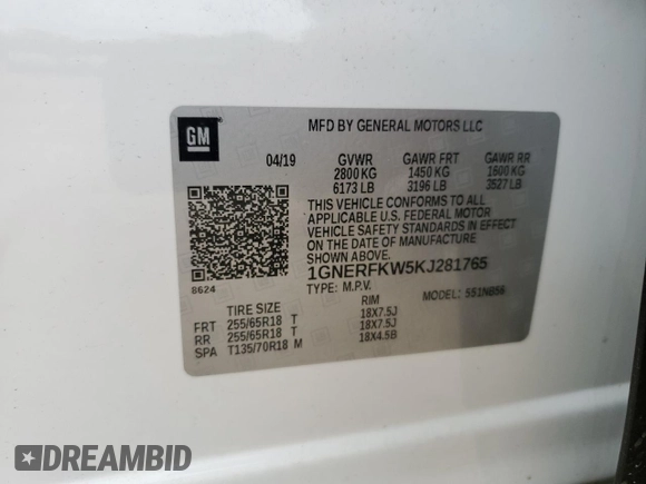 2019 Chevrolet Traverse LS z VIN 1GNERFKW5KJ281765, wystawiony jako Copart lot #57705285 z przebiegiem 34 820 mil mil oraz Szkoda całkowita • Salvage title. Historia ofert i sprzedaży dostępna na DreamBid. Obrazek 13.