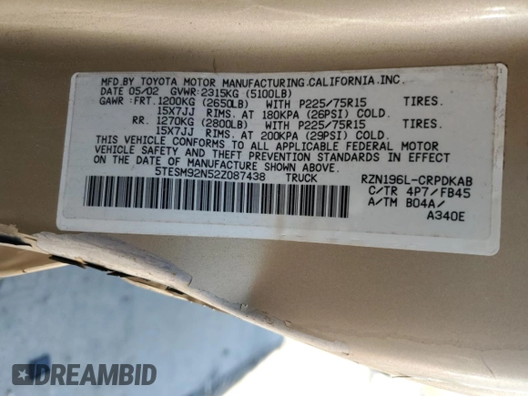 2002 Toyota Tacoma PreRunner with VIN 5TESM92N52Z087438, listed as a Copart auction lot 59807645 with 169,002 mi miles and Salvage title. Bid and sale history available at DreamBid. Image 12.