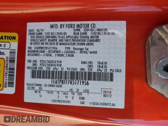 2019 Ford Mustang GT Premium with VIN 1FATP8FF7K5171956, listed as a Copart auction lot 53795495 with 45,822 mi miles and Salvage Title. Bid and sale history available at DreamBid. Image 12.