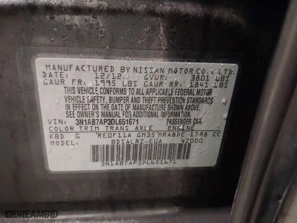 2013 Nissan Sentra SV with VIN 3N1AB7AP3DL651671, listed as a IAAI auction lot 41683700 with 179,843 mi miles. Bid and sale history available at carsss.com. Image 9.