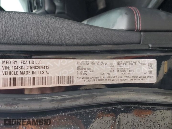 2022 Dodge Durango R/T Plus with VIN 1C4SDJCT5NC209412, listed as a Copart auction lot 55654595 with 25,618 mi miles and Salvage title. Bid and sale history available at DreamBid. Image 14.