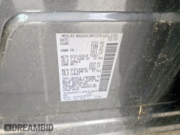 2020 Nissan Pathfinder SL with VIN 5N1DR2CN7LC601365, listed as a Copart auction lot 57273725 with 44,503 mi miles and Salvage title. Bid and sale history available at DreamBid. Image 13.