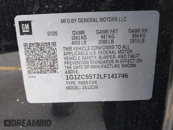 2020 Chevrolet Malibu LS with VIN 1G1ZC5ST2LF141746, listed as a IAAI auction lot 42122500 with 107,983 mi miles and . Bid and sale history available at DreamBid. Image 9.