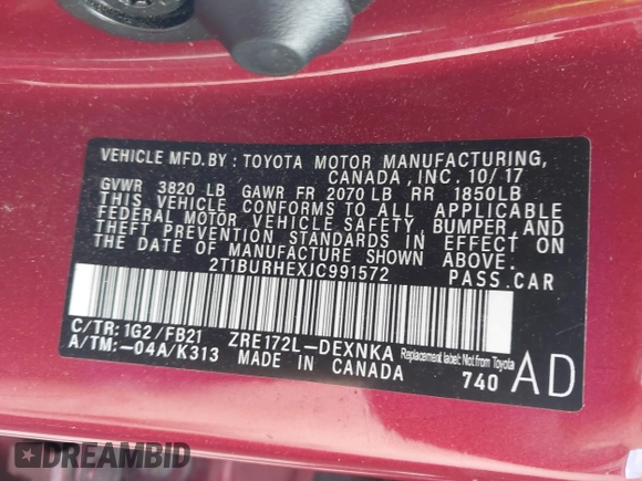 2018 Toyota Corolla L with VIN 2T1BURHEXJC991572, listed as a IAAI auction lot 42076522 with 38,905 mi miles and . Bid and sale history available at DreamBid. Image 9.