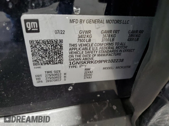 2023 Chevrolet Tahoe RST with VIN 1GNSKRKD9PR102238, listed as a Copart auction lot 87468924 with Not provided miles and Salvage title. Bid and sale history available at DreamBid. Image 13.