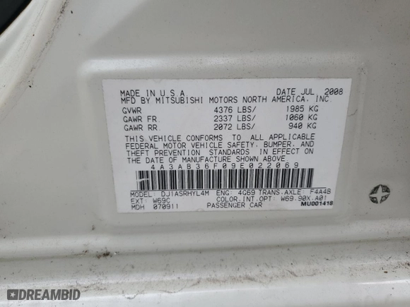 2009 Mitsubishi Galant ES with VIN 4A3AB36F09E022069, listed as a Copart auction lot 59855344 with 126,600 mi miles and Clean Title. Bid and sale history available at carsss.com. Image 12.