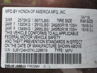 2019 Acura MDX with VIN 5J8YD4H37KL028619, listed as a IAAI auction lot 41403005 with 66,106 mi miles. Bid and sale history available at carsss.com. Image 9.