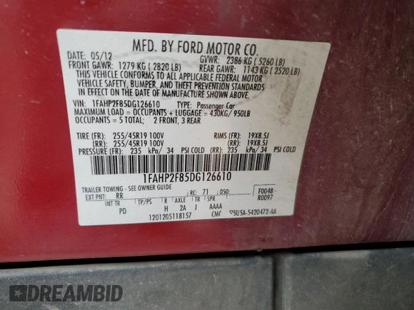 2013 Ford Taurus Limited with VIN 1FAHP2F85DG126610, listed as a Copart auction lot 54487115 with 184,816 mi miles and Clean Title. Bid and sale history available at DreamBid. Image 12.