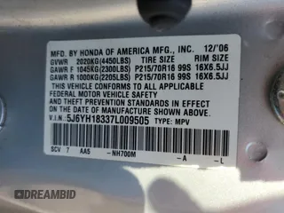 2007 Honda Element LX with VIN 5J6YH18337L009505, listed as a Copart auction lot 53969285 with 225,154 mi miles and Salvage Title. Bid and sale history available at DreamBid. Image 12.