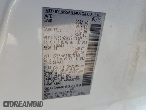 2013 Nissan Pathfinder S with VIN 5N1AR2MM6DC637459, listed as a Copart auction lot 46244265 with 149,396 mi miles and Clean Title. Bid and sale history available at carsss.com. Image 13.