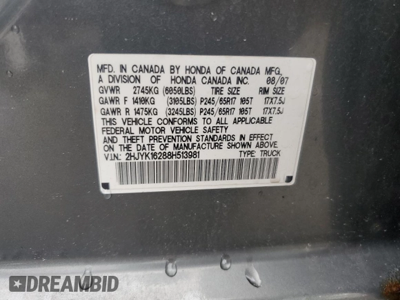 2008 Honda Ridgeline RT с VIN 2HJYK16288H513981, выставлен на аукционе Copart как лот 62737415 с пробегом 141 476 миль миль и Списание • Salvage title. История ставок и продаж доступна на DreamBid. Изображение 12.