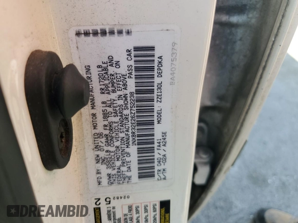 2006 Toyota Corolla CE with VIN 1NXBR32E26Z752238, listed as a Copart auction lot 54994805 with 255,778 mi miles and Salvage Title. Bid and sale history available at DreamBid. Image 12.