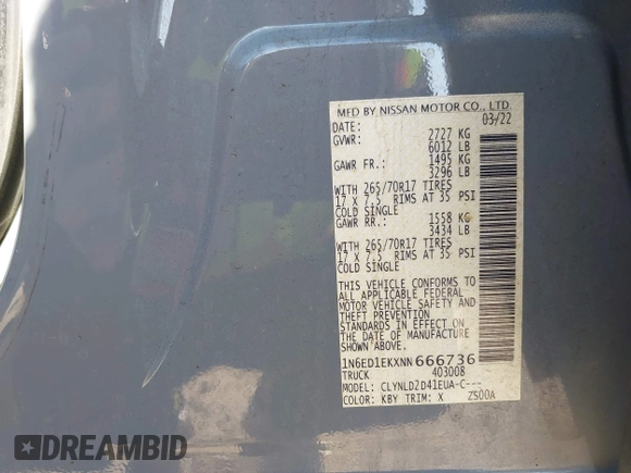 2022 Nissan Frontier SV with VIN 1N6ED1EKXNN666736, listed as a IAAI auction lot 41654456 with 47,935 mi miles and . Bid and sale history available at DreamBid. Image 9.