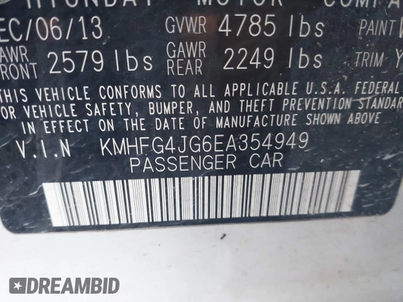 2014 Hyundai Azera with VIN KMHFG4JG6EA354949, listed as a IAAI auction lot 41034372 with 173,338 mi miles and . Bid and sale history available at DreamBid. Image 9.