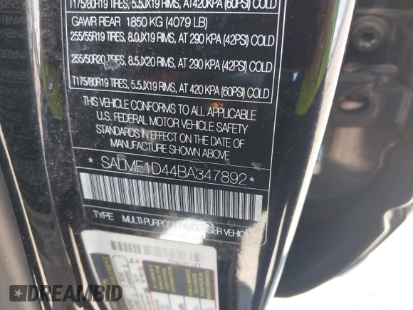 2011 Land Rover Range Rover HSE with VIN SALME1D44BA347892, listed as a IAAI auction lot 42693391 with 228,418 mi miles and . Bid and sale history available at DreamBid. Image 9.