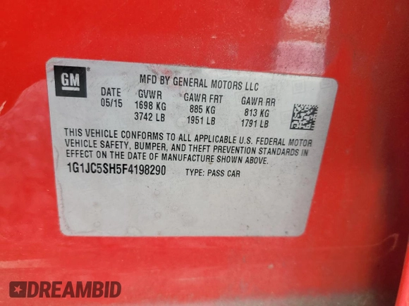2015 Chevrolet Sonic LT with VIN 1G1JC5SH5F4198290, listed as a Copart auction lot 81277654 with 91,396 mi miles and Salvage Title. Bid and sale history available at DreamBid. Image 12.