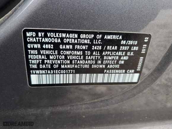2014 Volkswagen Passat TDI SE w/Sunroof with VIN 1VWBN7A31EC001771, listed as a Copart auction lot 51811175 with 151,173 mi miles and Clean Title. Bid and sale history available at carsss.com. Image 12.