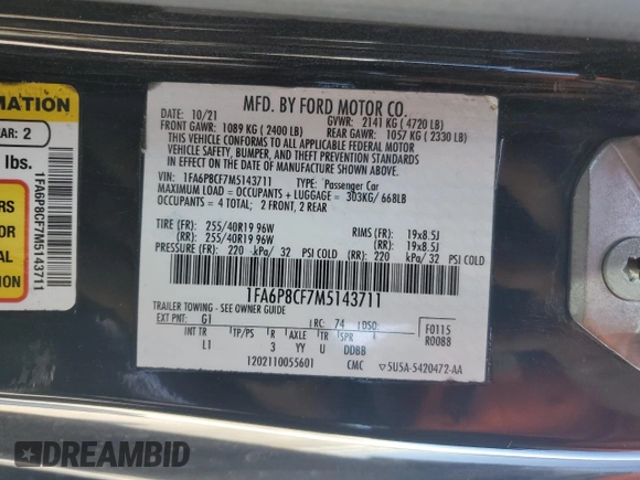 2021 Ford Mustang GT z VIN 1FA6P8CF7M5143711, wystawiony jako Copart lot #51862185 z przebiegiem 36 264 mil mil oraz Szkoda całkowita • Salvage title. Historia ofert i sprzedaży dostępna na DreamBid. Obrazek 12.