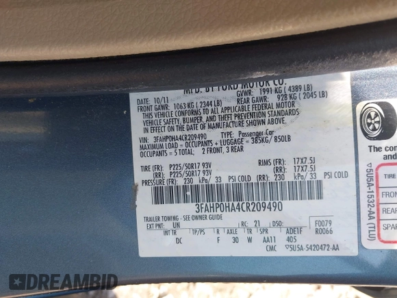 2012 Ford Fusion SE z VIN 3FAHP0HA4CR209490, wystawiony jako IAAI lot #42376506 z przebiegiem 145 622 mil mil oraz . Historia ofert i sprzedaży dostępna na DreamBid. Obrazek 9.