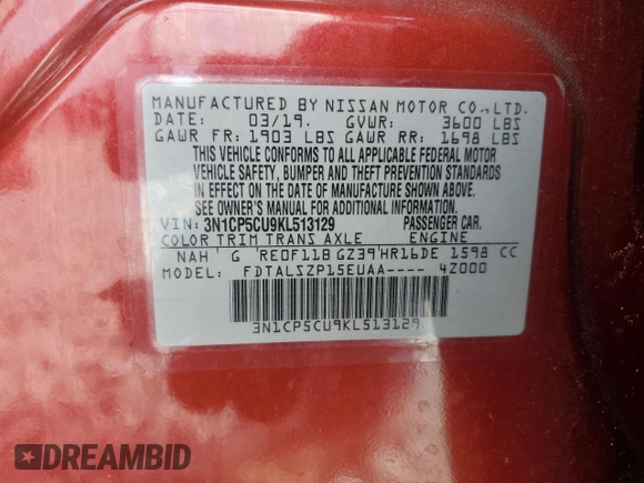 2019 Nissan Kicks S with VIN 3N1CP5CU9KL513129, listed as a Copart auction lot 55410445 with Not Provided miles and Non Repairable. Bid and sale history available at DreamBid. Image 13.