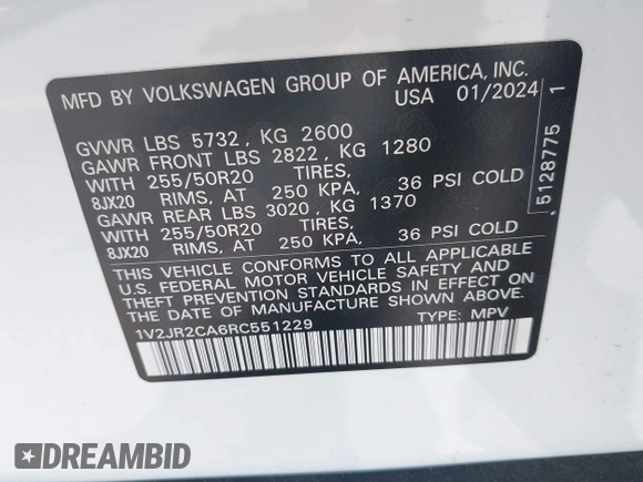 2024 Volkswagen Atlas SE с VIN 1V2JR2CA6RC551229, выставлен на аукционе IAAI как лот 41473599 с пробегом 10 243 миль миль и . История ставок и продаж доступна на DreamBid. Изображение 9.