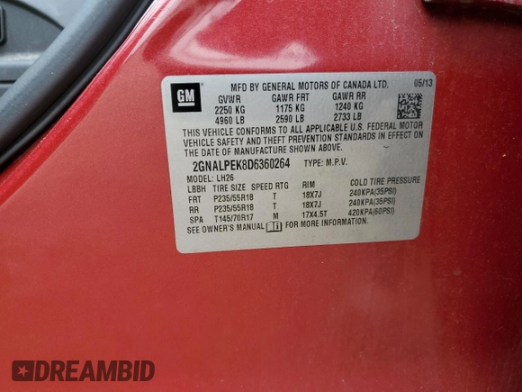 2013 Chevrolet Equinox LT with VIN 2GNALPEK8D6360264, listed as a Copart auction lot 54623615 with 120,432 mi miles and Clean Title. Bid and sale history available at DreamBid. Image 13.