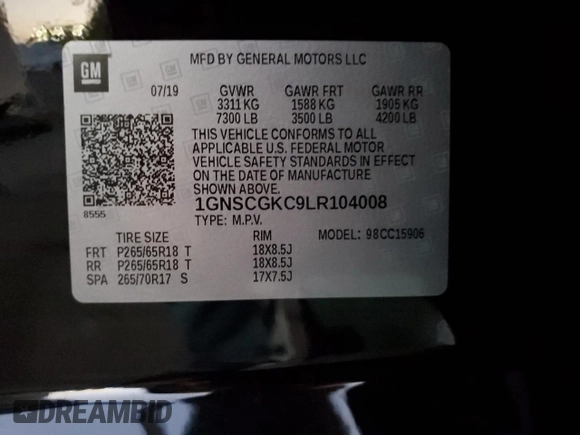 2020 Chevrolet Suburban LS with VIN 1GNSCGKC9LR104008, listed as a Copart auction lot 73351014 with 63,474 mi miles and Salvage title. Bid and sale history available at DreamBid. Image 13.