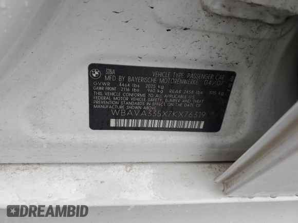 2007 BMW 3 Series 328i z VIN WBAVA335X7KX76319, wystawiony jako Copart lot #57342215 z przebiegiem 176 016 mil mil oraz Szkoda całkowita • Salvage title. Historia ofert i sprzedaży dostępna na DreamBid. Obrazek 12.