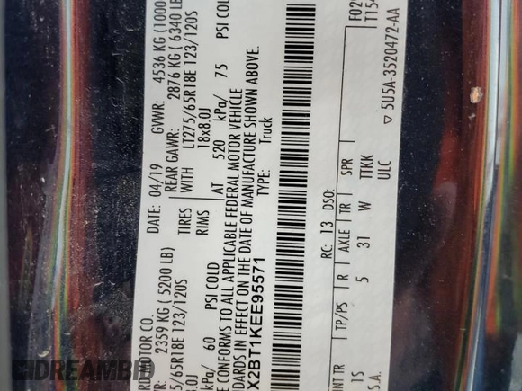 2019 Ford F-250 XL with VIN 1FT7X2BT1KEE95571, listed as a Copart auction lot 62677135 with 136,344 mi miles and Salvage title. Bid and sale history available at DreamBid. Image 12.