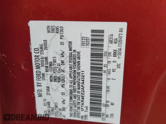 2010 Ford Ranger XLT with VIN 1FTKR4EE2APA43211, listed as a Copart auction lot 49880215 with 202,255 mi miles and Salvage Title. Bid and sale history available at carsss.com. Image 14.