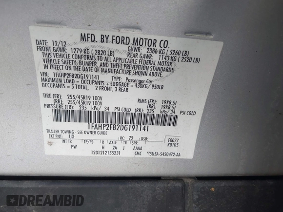 2013 Ford Taurus Limited with VIN 1FAHP2F82DG191141, listed as a IAAI auction lot 41858768 with 172,732 mi miles and . Bid and sale history available at DreamBid. Image 9.