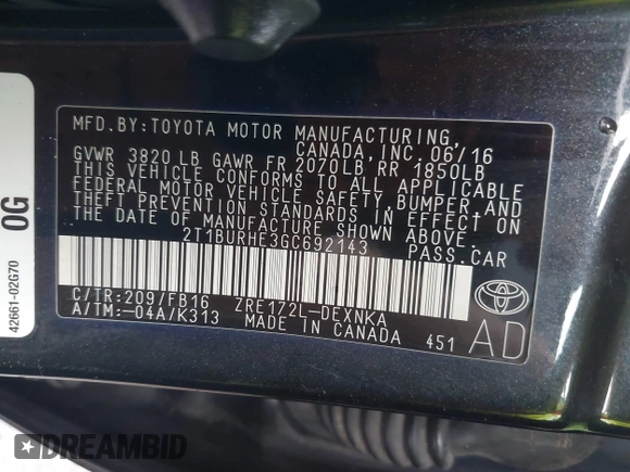 2016 Toyota Corolla L with VIN 2T1BURHE3GC692143, listed as a IAAI auction lot 42637039 with 146,952 mi miles and . Bid and sale history available at DreamBid. Image 9.