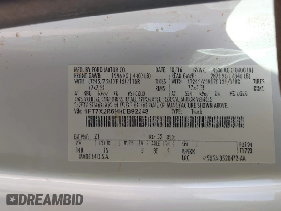 2017 Ford F-250 XLT с VIN 1FT7X2B69HEB92248, выставлен на аукционе IAAI как лот 42256809 с пробегом 128 110 миль миль и . История ставок и продаж доступна на DreamBid. Изображение 9.