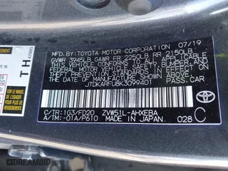 2019 Toyota Prius L Eco with VIN JTDKARFU8K3099401, listed as a IAAI auction lot 41939253 with 47,760 mi miles. Bid and sale history available at carsss.com. Image 9.