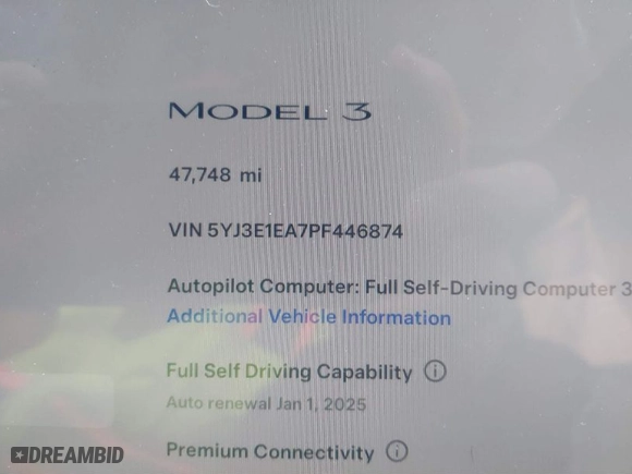 2023 Tesla Model 3 with VIN 5YJ3E1EA7PF446874, listed as a IAAI auction lot 41133303 with 47,748 mi miles. Bid and sale history available at carsss.com. Image 15.