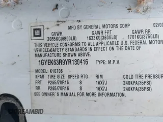 2000 Cadillac Escalade с VIN 1GYEK63R9YR180416, выставлен на аукционе IAAI как лот 42200278 с пробегом 145 848 миль миль и . История ставок и продаж доступна на DreamBid. Изображение 9.