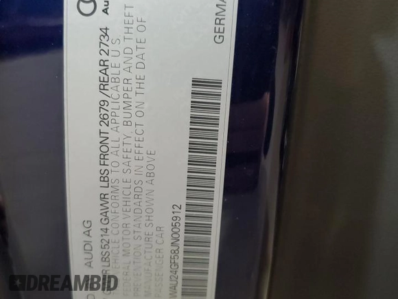 2018 Audi S5 Prestige z VIN WAU24GF58JN005912, wystawiony jako Copart lot #78801814 z przebiegiem Nie podano mil oraz Szkoda całkowita • Salvage title. Historia ofert i sprzedaży dostępna na DreamBid. Obrazek 12.