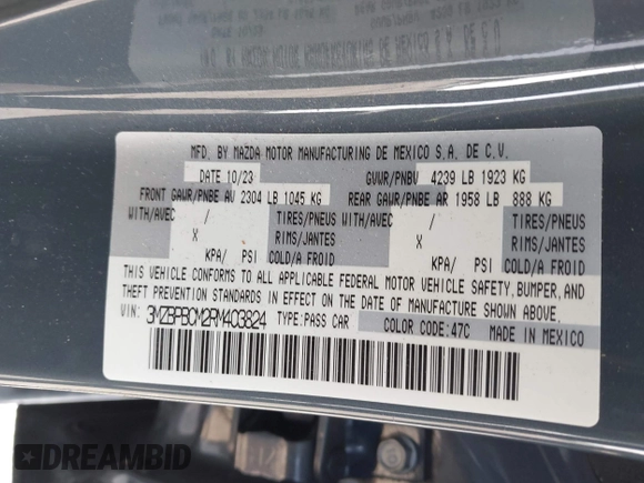2024 Mazda 3 S Carbon Edition with VIN 3MZBPBCM2RM403824, listed as a IAAI auction lot 42612315 with 8,261 mi miles and . Bid and sale history available at DreamBid. Image 9.