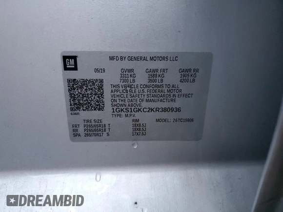 2019 GMC Yukon XL SLT with VIN 1GKS1GKC2KR380936, listed as a Copart auction lot 84625174 with 118,077 mi miles and Salvage Title. Bid and sale history available at carsss.com. Image 15.