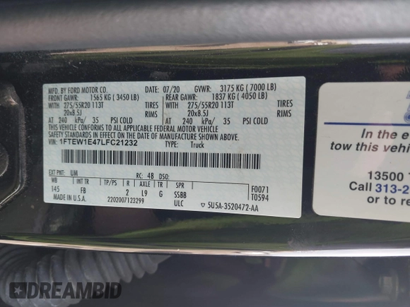 2020 Ford F-150 XL with VIN 1FTEW1E47LFC21232, listed as a IAAI auction lot 41824403 with 92,318 mi miles. Bid and sale history available at carsss.com. Image 9.