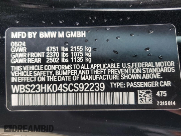 2025 BMW M4 Competition with VIN WBS23HK04SCS92239, listed as a Copart auction lot 73682974 with 613 mi miles and Salvage Title. Bid and sale history available at carsss.com. Image 13.