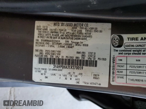 2012 Ford Fusion SE with VIN 3FAHP0HA2CR270059, listed as a Copart auction lot 55426715 with 195,405 mi miles and Salvage Title. Bid and sale history available at DreamBid. Image 13.