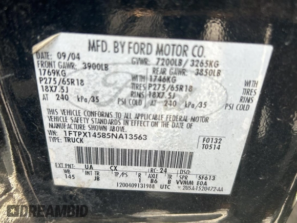 2005 Ford F-150 XLT with VIN 1FTPX14585NA13563, listed as a Copart auction lot 63709515 with 248,403 mi miles and Clean title. Bid and sale history available at DreamBid. Image 10.