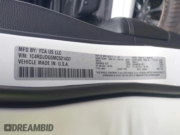 2021 Dodge Durango GT Plus with VIN 1C4RDJDG5MC521437, listed as a IAAI auction lot 42589843 with 53,492 mi miles and . Bid and sale history available at DreamBid. Image 9.