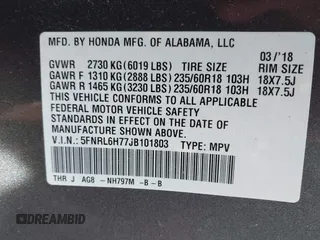 2018 Honda Odyssey EX-L with VIN 5FNRL6H77JB101803, listed as a IAAI auction lot 41927622 with 147,587 mi miles. Bid and sale history available at carsss.com. Image 9.