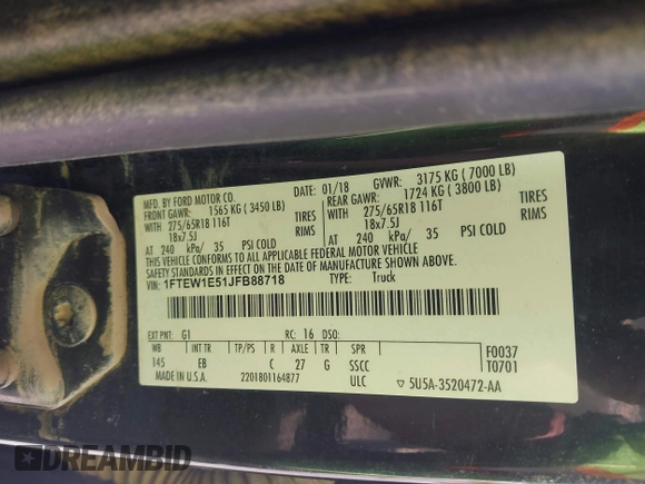 2018 Ford F-150 XL with VIN 1FTEW1E51JFB88718, listed as a IAAI auction lot 42191689 with Not provided miles and . Bid and sale history available at DreamBid. Image 9.